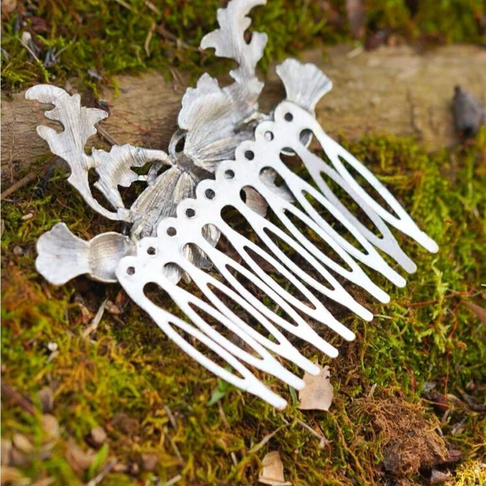 Gothic, Cottagecore Moth Floral Hair Comb, Silver Tone, Engraved Detailing, - Picture 4 of 4